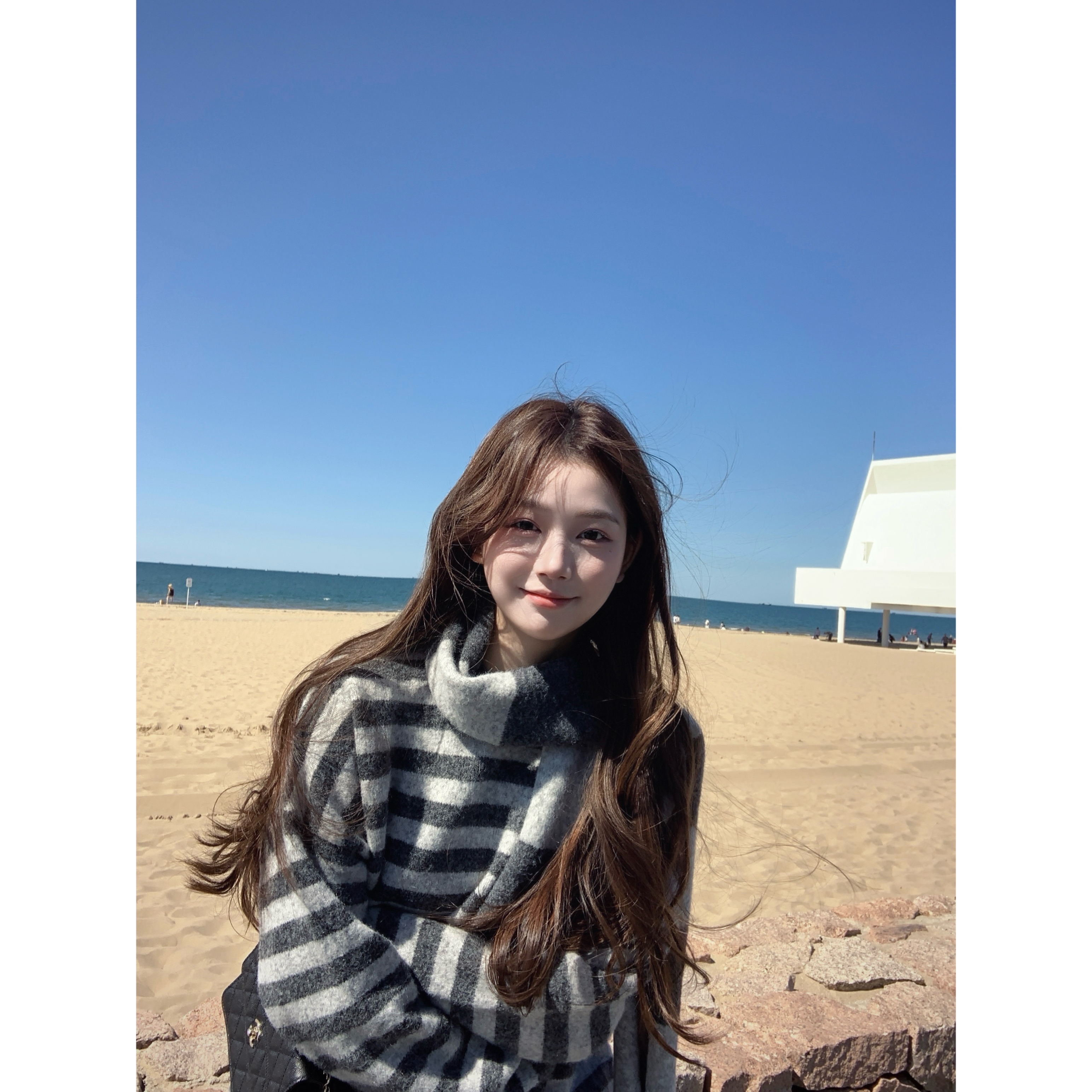 BBen 时髦主义 条纹紫色围巾宽松毛衣女秋冬2025慵懒感宽松针织衫