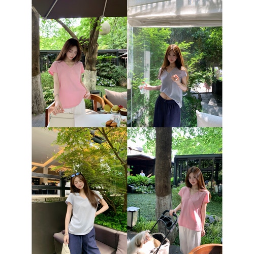 淡颜韩女2026夏季新款 V领竹节棉T清冷短袖显瘦恤