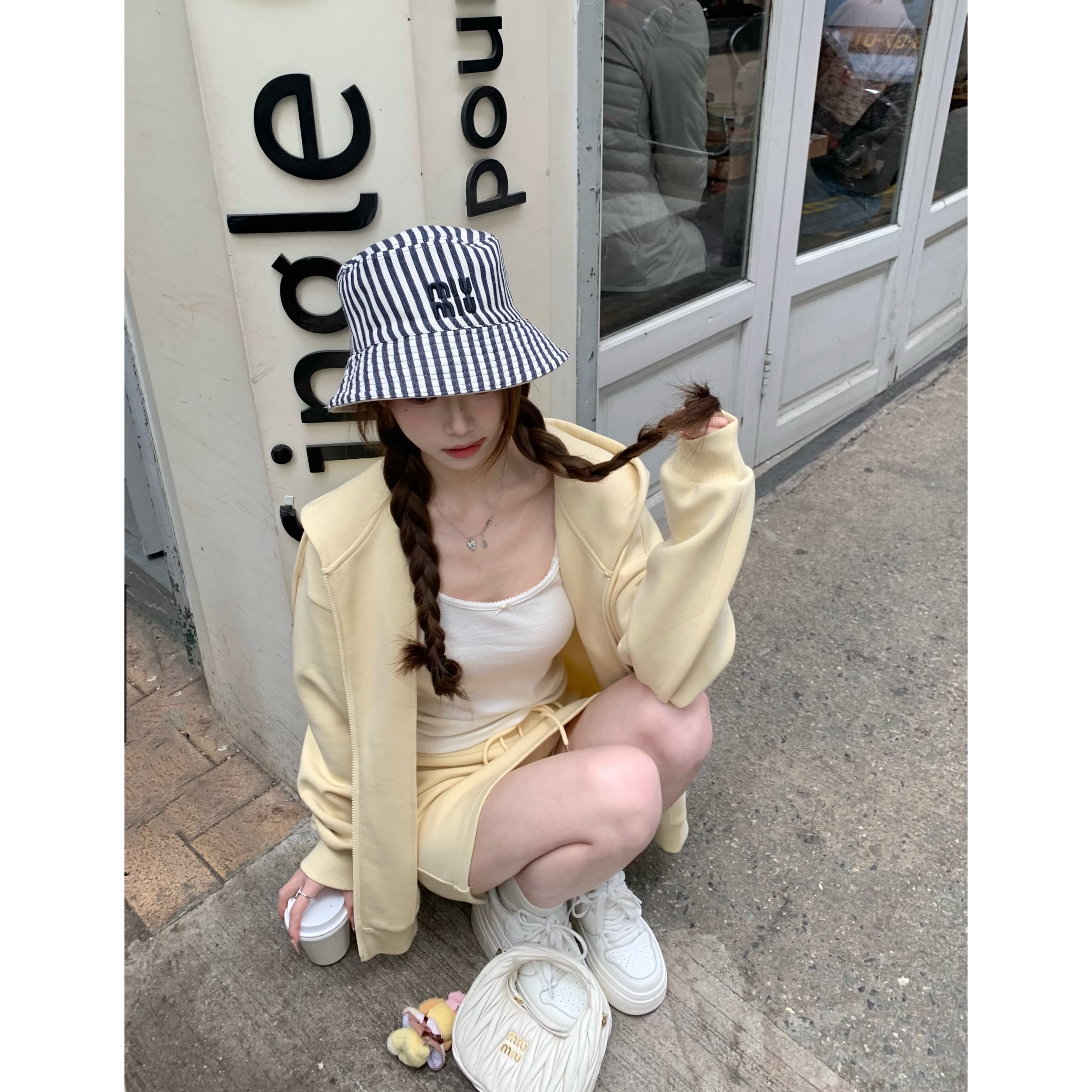 BBen easy出街黄色卫衣套装女春秋2025春季新款连帽甜美宽松上衣