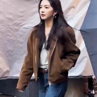 章若楠沈千盏明星同款 复古通勤仿麂皮绒夹克短外套棕色百搭帅气女