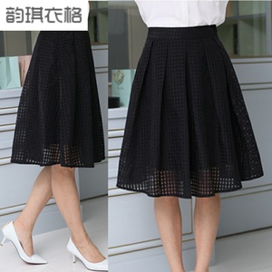 春夏季新款小方格欧根纱A字高腰半身裙中长款女裙蓬蓬裙纱裙子女