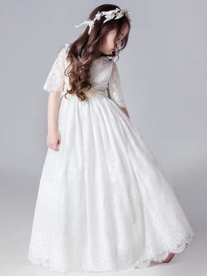 新款儿童演出服婚纱花童装钢琴演奏礼服女童主持人拖地长公主裙