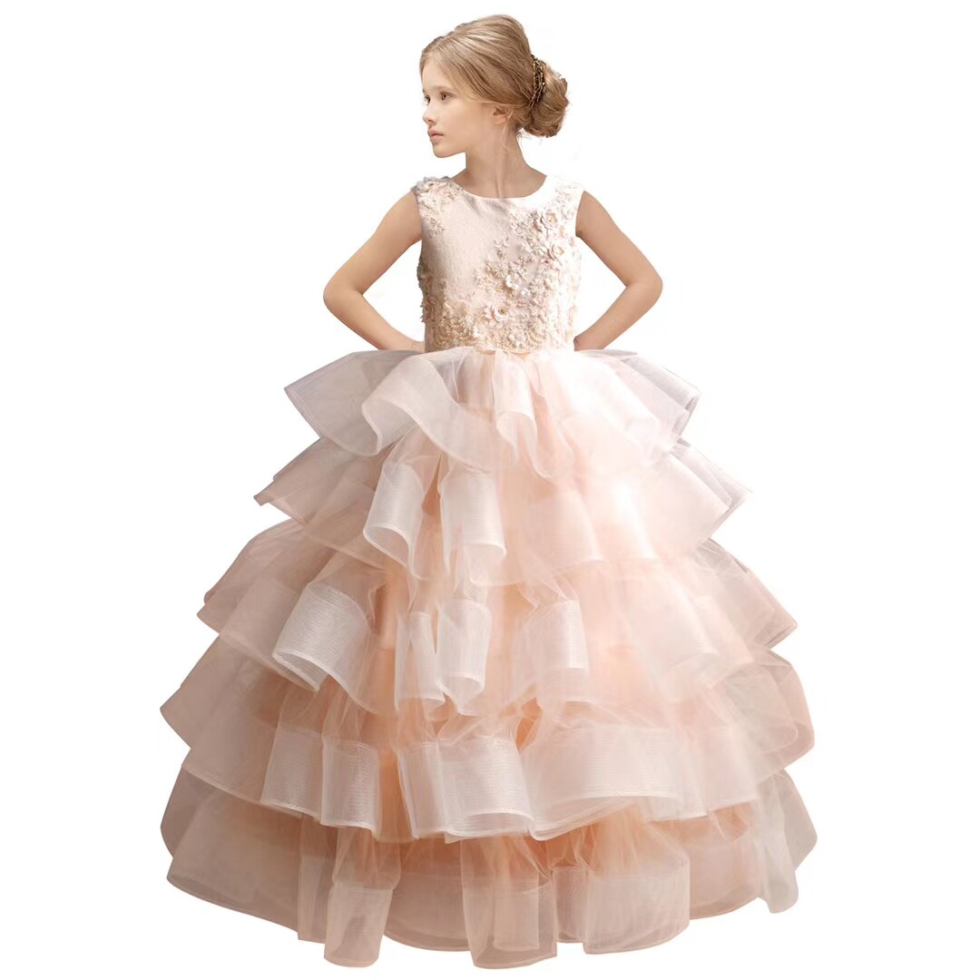 欧美新款儿童公主蓬蓬裙女孩生日节日晚礼服主持走秀钢琴演出服