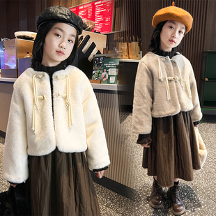 女童连衣裙套装 2025加厚洋气中国风外套裙子儿童皮草两件套 秋冬季