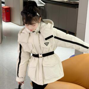 女童白色羽绒服冲锋衣儿童初中生女孩加厚冬季收腰亲子派克服外套