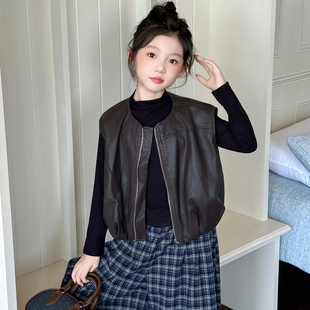 炸街洋气时髦女孩早秋穿搭三件套 儿童装 女童皮衣马甲2025新款 秋装