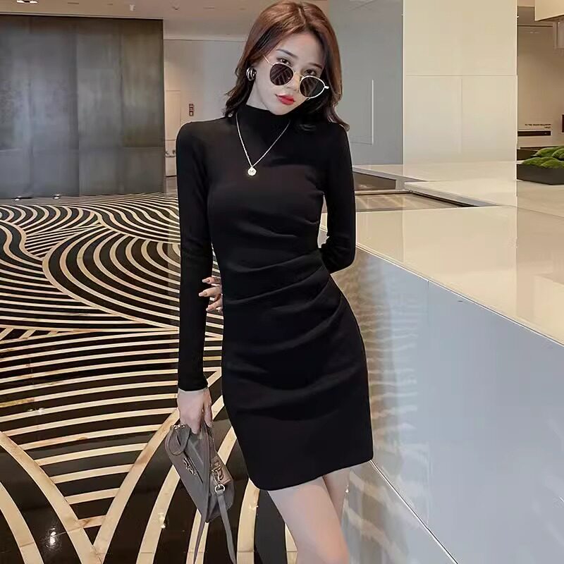 半高领绝美巨好看名媛黑色连衣裙子女秋冬季2025新款气质包臀短裙