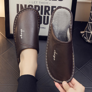 新款牛皮面防水男士秋冬季居家用带绒保暖棉拖鞋牛筋底防滑情侣女