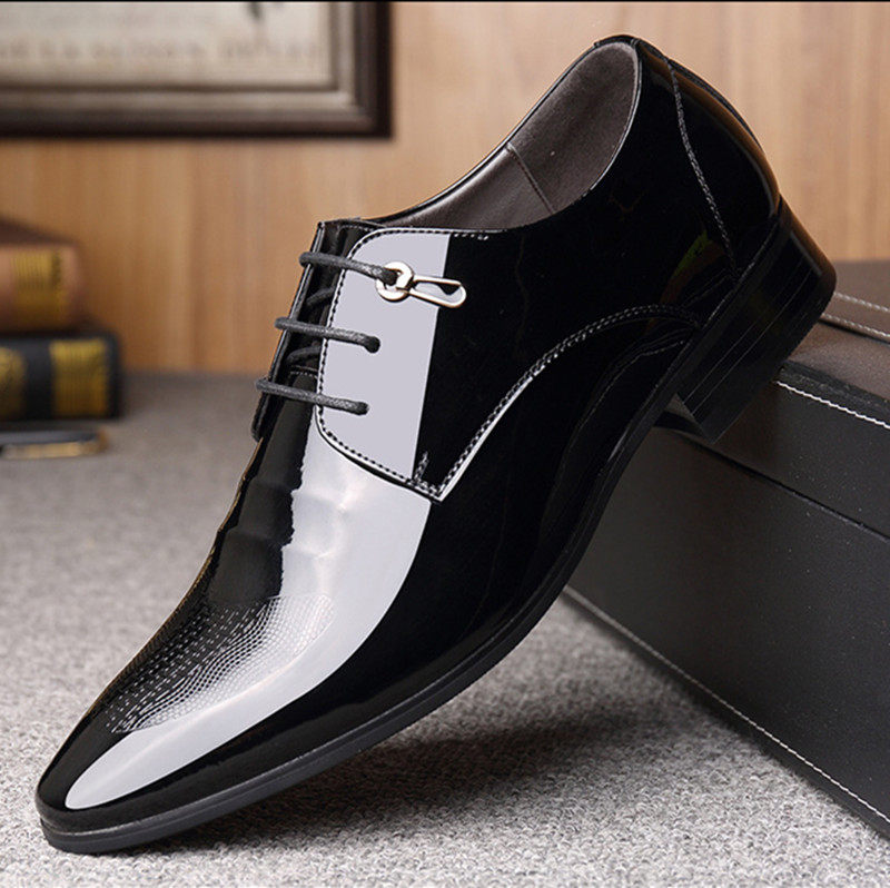 真软皮西装男士皮鞋伴新郎平底亮光正装青年尖头男生休闲婚鞋