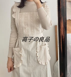 全智贤ins韩版时尚棉麻围裙蕾丝花边美术美甲罩衣花店奶茶围兜