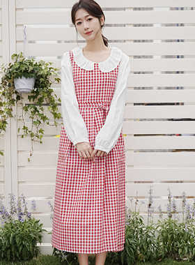 跨境出口棉格子圆领前后两片左右开衩式围裙美术美甲咖啡师工作服