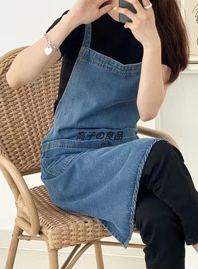 出口韩国牛仔围裙全棉洗水厨房烘焙美术美甲围兜罩衣奶茶咖啡花艺