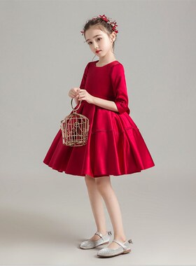 新品儿童晚礼服红色长袖短款公主蓬裙女童钢琴演出服W花童装小主