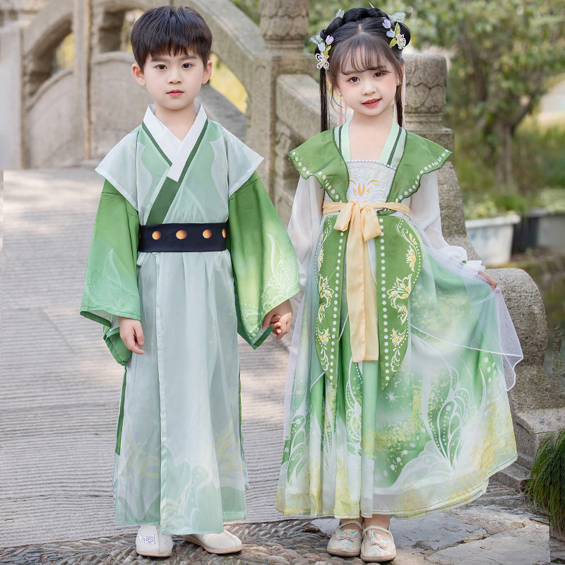 新品汉服男童女童夏季新款男款A儿童古装国学服唐装女款演出服夏图片