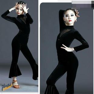 新儿童秋冬天练功服拉丁舞服网红比赛服女童丝绒长袖演出训练服