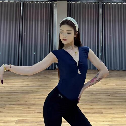 新品A Lei舞服金属qV领小飞袖上衣春夏新款练功服女成人教师教课
