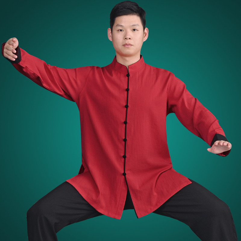 精选中国红唐装太极服男品牌高端比赛加厚棉麻太极T拳练功服女武图片