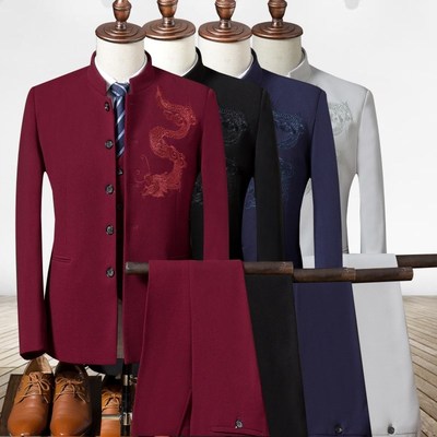 新选中国风龙刺绣西装男式u主持礼服青年潮中山立领男装修身西服