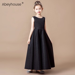 新选女童长款黑色j晚礼服中大童钢琴演出服小女孩模特走秀学生晚
