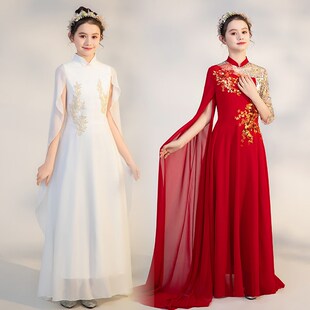 新品新款女童弹古筝演出服酒红色中国风晚礼服Q民乐演奏大合唱学