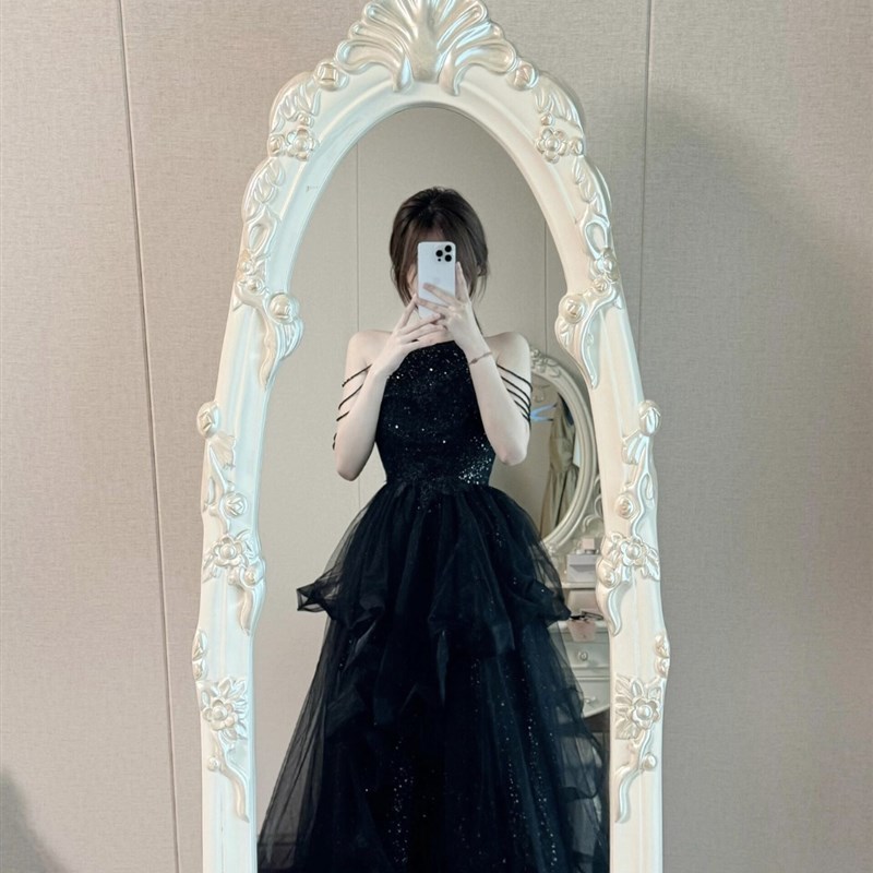 新品黑色艺考晚礼服女新款声乐合唱钢琴演奏成人S礼生日宴会小众图片