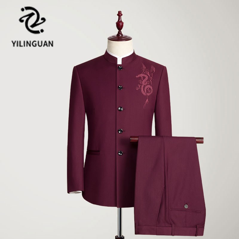 新选中山装男式套装中p华立领西服中老年爸爸装结婚宴会礼服唐装