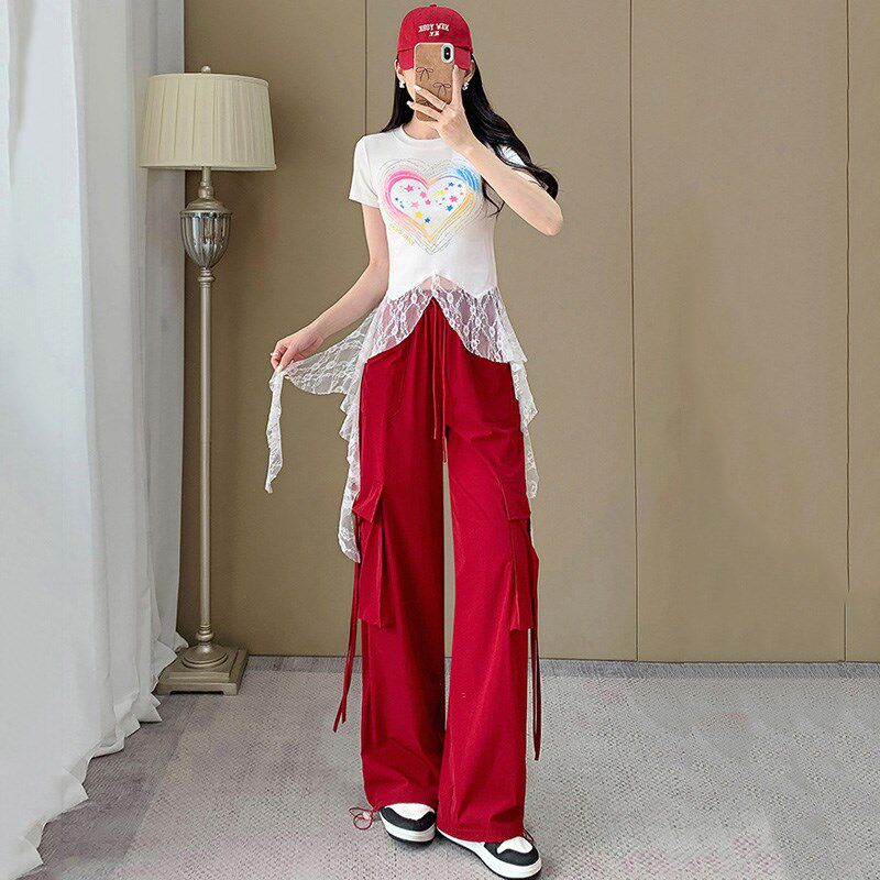 新品网红曳步舞服装新款夏季套装薄款跳H广场舞上衣蕾丝拼接炸街