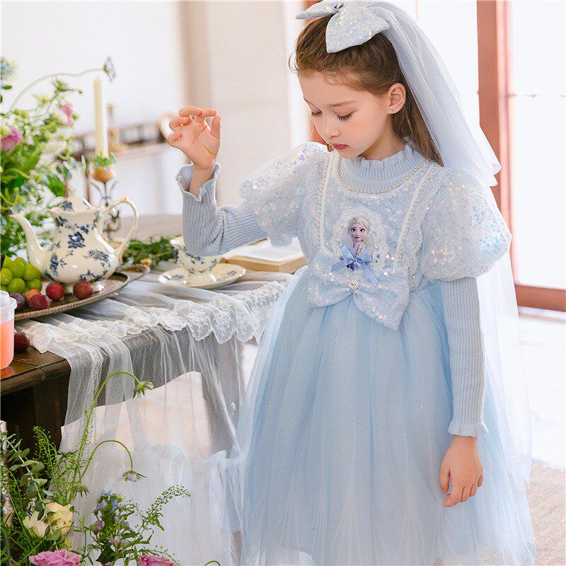 新品女童公主裙春秋款毛x衣裙子儿童礼服冰雪奇缘小女孩艾莎连