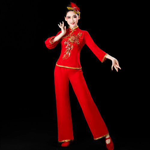 精选秧歌服e演出服女中国风中老年喜庆腰鼓扇子舞蹈服装古典广场
