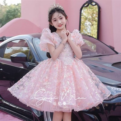 新选女童绝美礼服粉色小主持人女孩公主裙儿M童钢琴演奏演出服夏