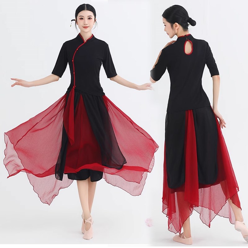 新选古典舞蹈f服女秋冬中国舞旗袍领中袖上衣成人形体练功服演出