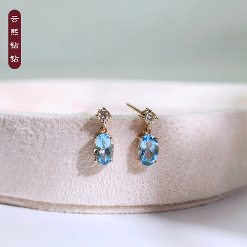 云熙钻钻18K金椭圆海蓝宝石耳坠