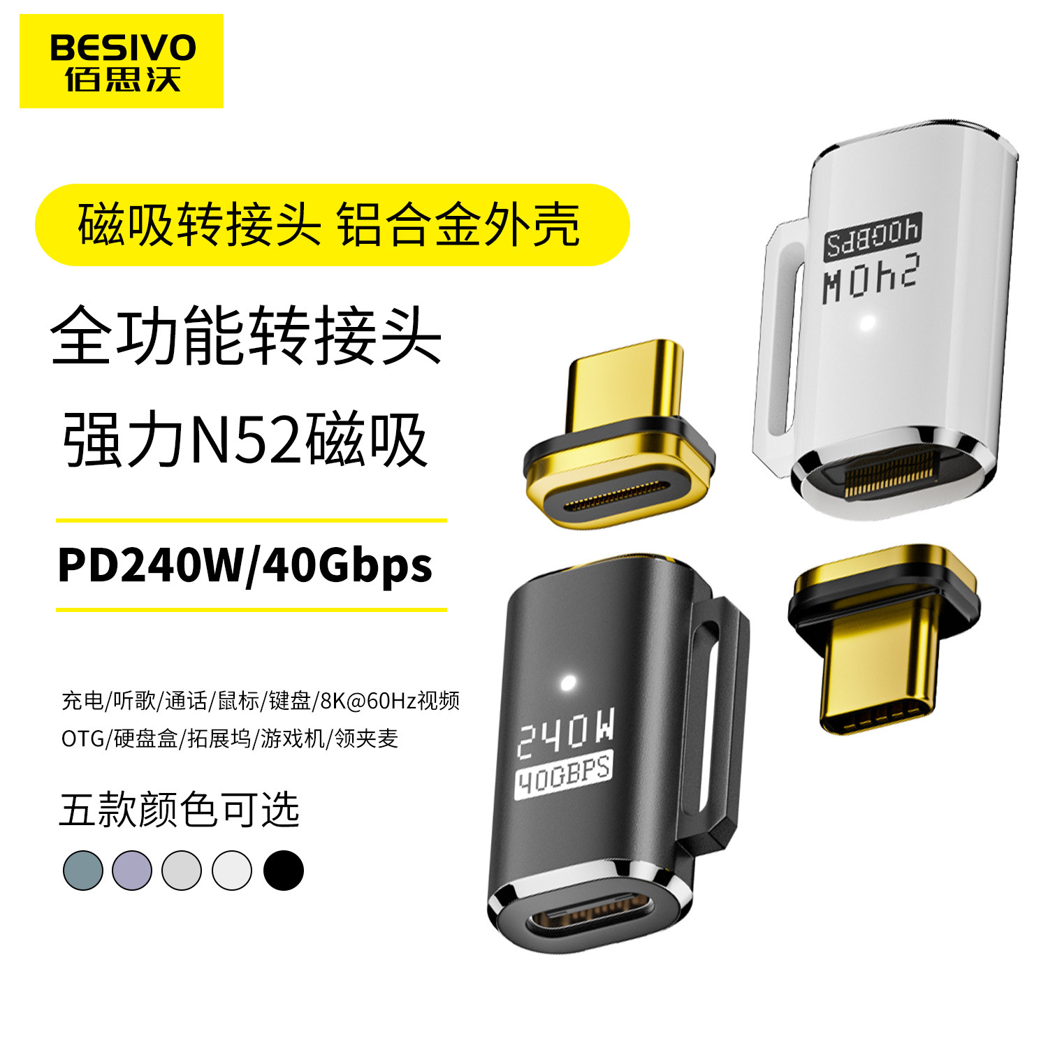Typec磁吸USB4转接头24pin弯头PD快充140W适用于苹果华为荣耀小米笔记本Macbook充电40Gbps雷雳4雷电3数据线