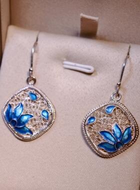 925银纯手工花丝烧蓝夜色池塘荷花耳环