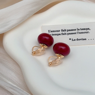 酒红气质耳环名媛大气馒头珠珠三角耳夹轻奢免打孔复古无耳洞耳饰