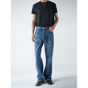 新贵复古极简直筒微廓洗水磨破牛仔裤 25蓝牛王2010M ALSO SEE