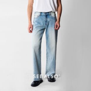 阔腿牛仔裤 蓝牛王 男款 2026新款 潮 SEE 复古水洗做旧直筒裤 ALSO