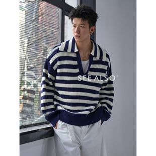 SEE 海鸥领海军蓝新贵老钱松弛条纹毛衣SA182 ALSO