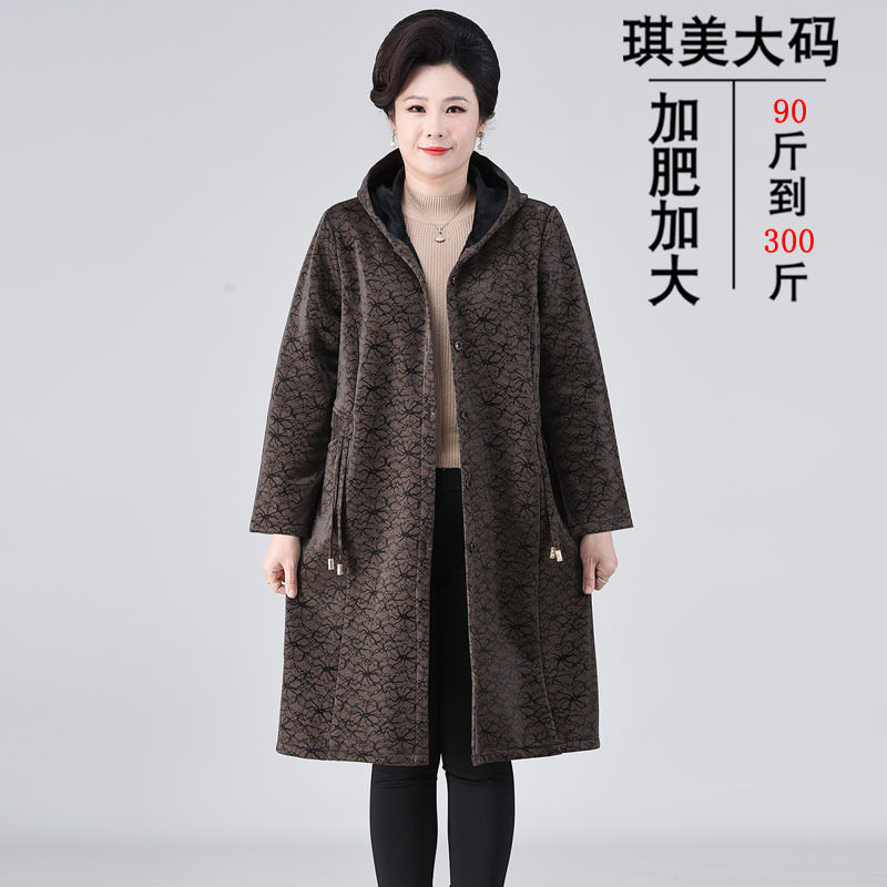 特体中老年女装秋冬加绒风衣300斤200胖妈妈装加肥加大码长款外套