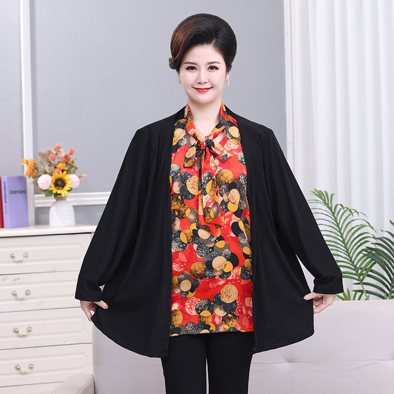 超大码女装中老年人胖妈妈春装假两件长袖T恤小衫加大加肥胖太太