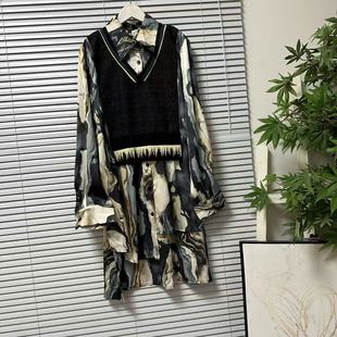 1125-5台湾品牌单复古拼接假两件印花连衣裙长袖翻领显瘦轻奢裙子