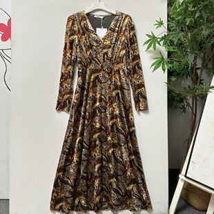 0416-38西班牙品牌单宫廷风丝绒印花连衣裙V领长袖气质长裙