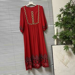 1203 收腰显瘦度假长裙 3波西米亚风绵绸刺绣连衣裙女七分袖