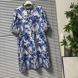 0521-55法系度假风青花瓷印花连衣裙女短袖立领含人造丝衬衫裙