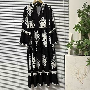 七分袖 连衣裙V领女装 复古文艺 47法国单休闲气质宽松中长款 0325