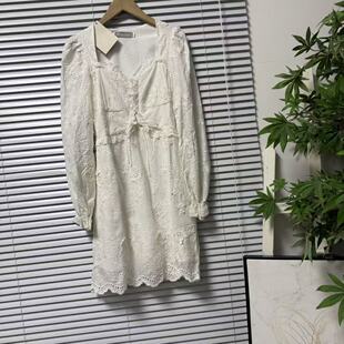 0105-25法式温柔风白色刺绣蕾丝连衣裙长袖V领显瘦淑女风轻奢裙