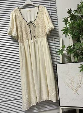 0306-33甜美风立体摇花大码连衣裙女泡泡袖系带收腰长裙时尚百搭