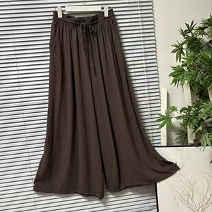 阔腿休闲松紧腰女装 0318 58法国单含亚麻高腰深棕色松紧宽松长裤