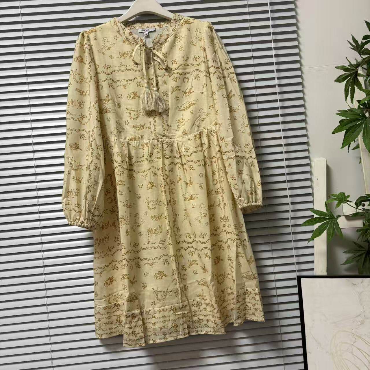 0323-16法国单长袖印花系带收腰连衣裙温柔休闲宽松2026年春季