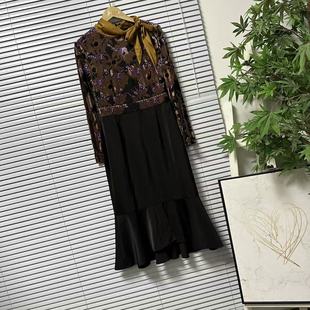 1114 54专柜品牌高货丝绒提花洋气拼接连衣裙气质鱼尾摆优雅时尚